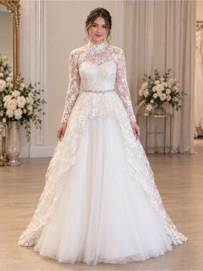 Vintage (F10) Ivory Lace High-Neck Long-Sleeve Wedding Gown 1980